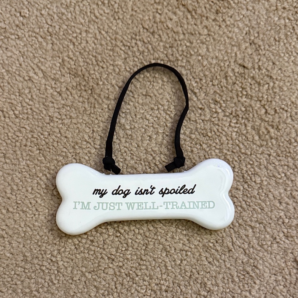 White Dog Bone Ornament with Black Hanging Strap